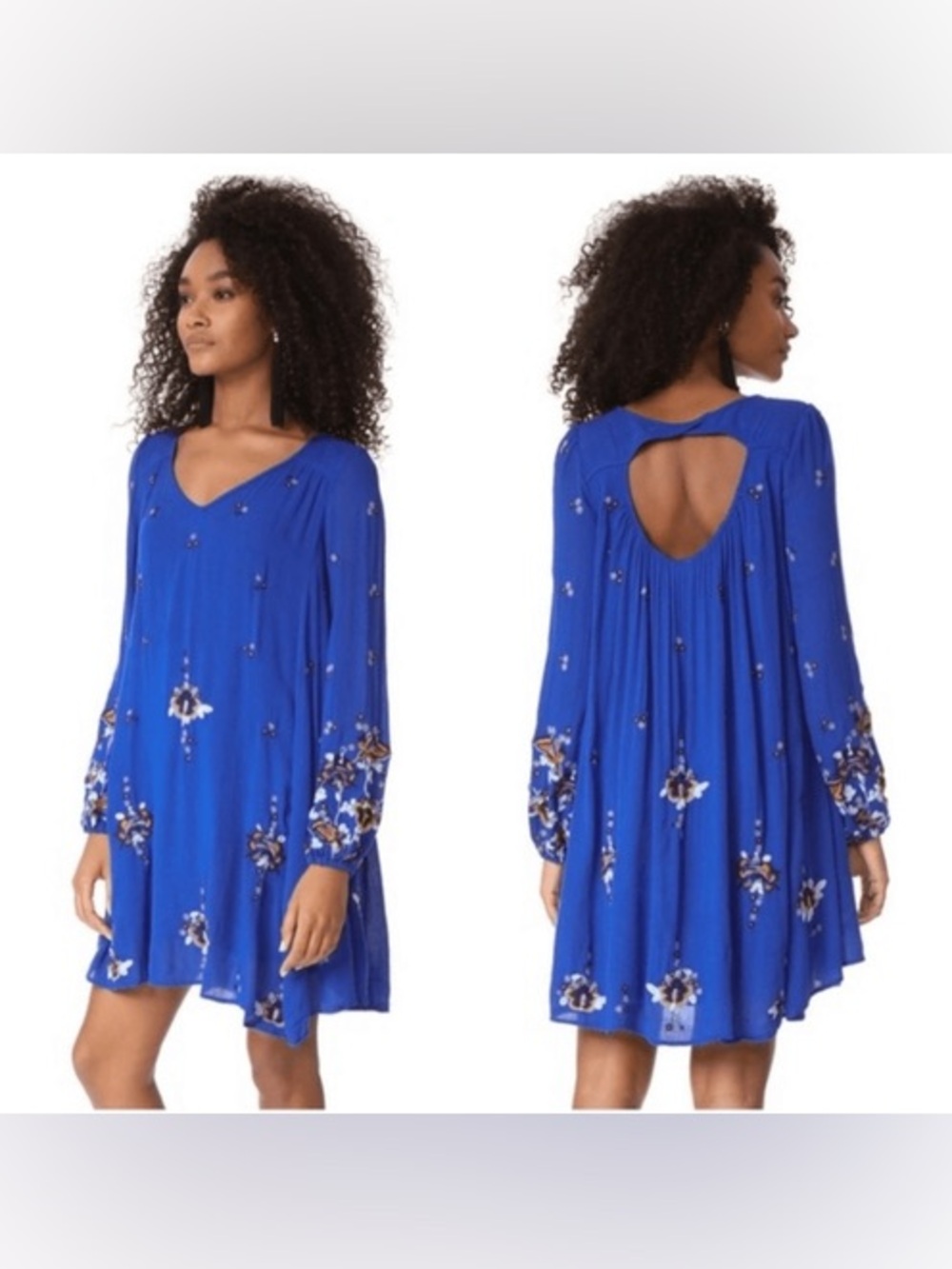 FREE PEOPLE - Blue embroidered mini tunic dress Oxford blue. Small P2P 30”